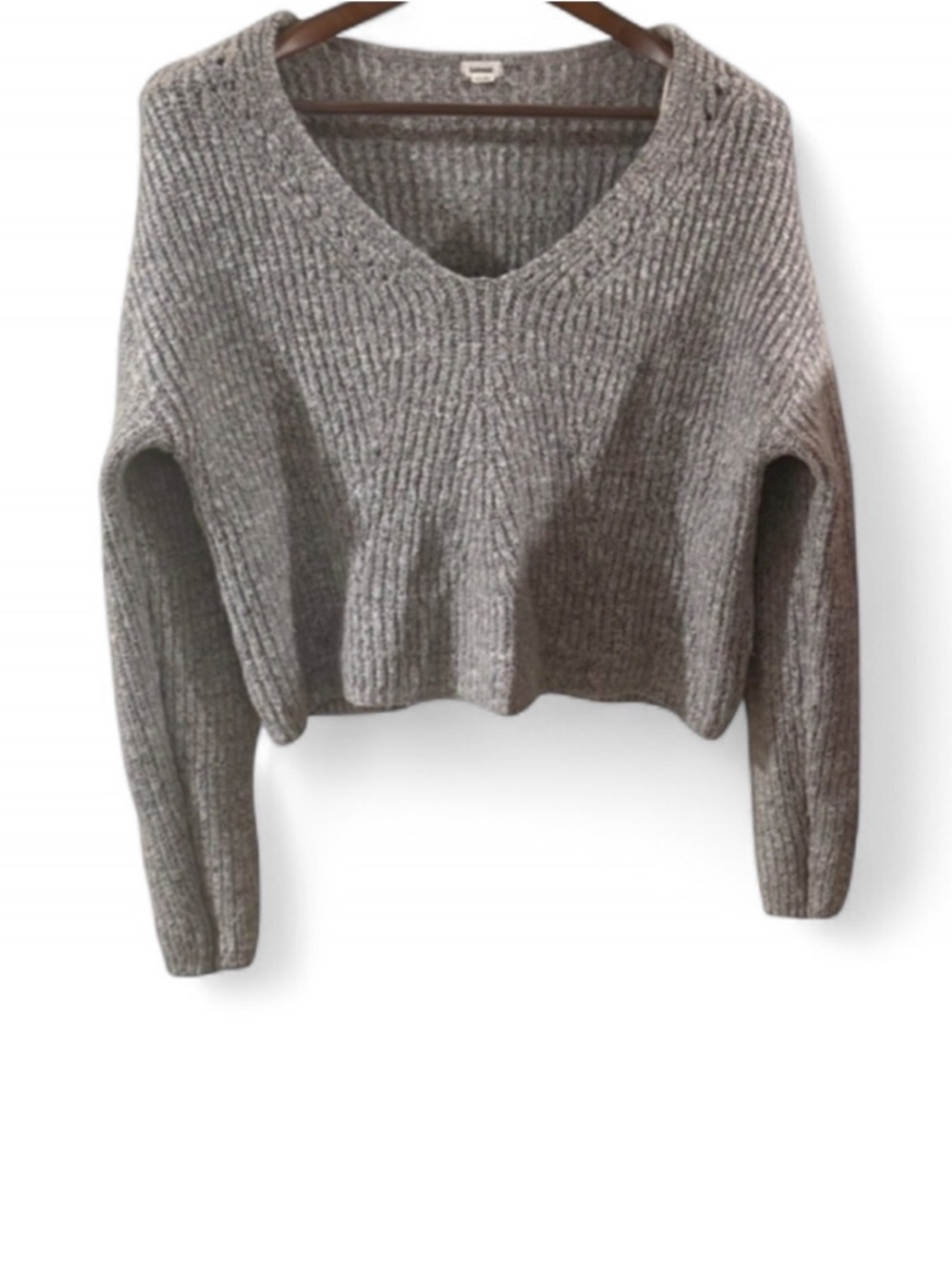 Women’s Gray Garage Ribbed V-Neck Cropped Sweater Size Medium